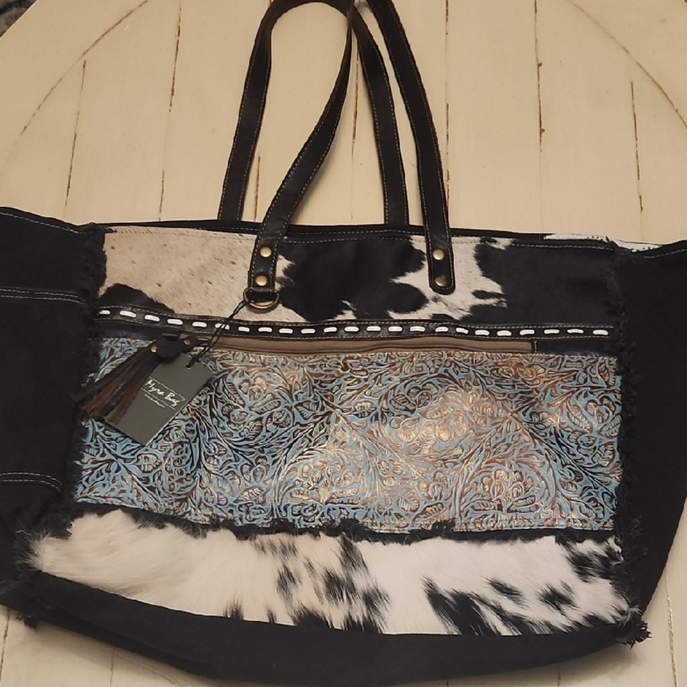Myra Bag Black and White Tote with Blue Pattern